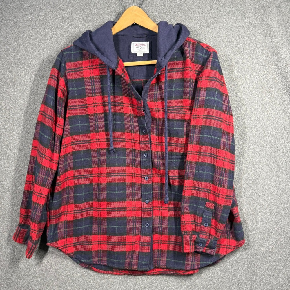 American Eagle Men's M Red Navy Plaid Hooded Flannel Shirt Jacket Shacket